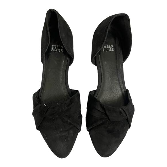 EILEEN FISHER Fuller Suede d\'Orsay Flat Black Pointed Toe Leather Shoes 8 EUC